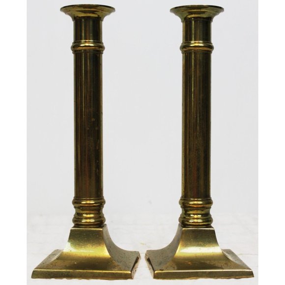 Vtg Decorative Crafts Tall 8.5'' Brass Taper Candlesticks Holders Square Columns - Picture 2 of 8